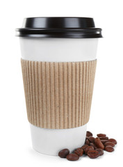 Cup of coffee with beans, isolated on white