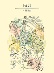 Park in Dali, Yunnan province, China, Asia. Artistic hand drawing. Travel sketch. Hand-drawn vintage touristic postcard, poster or book illustration