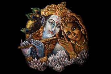radha and krishna playing flute, hand painted illustration