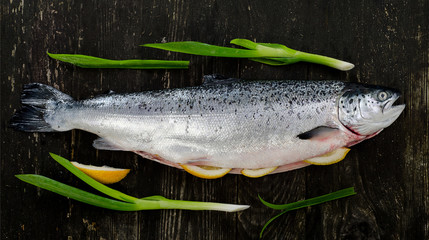 Fresh whole salmon on a rustic table.