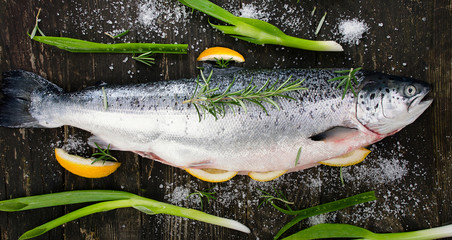 Fresh salmon on a dark rustic table.