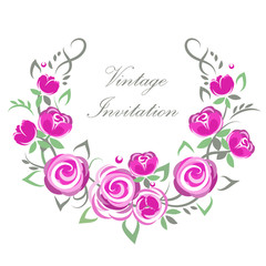 Vector invitation vintage wreath with pink roses for wedding, marriage, birthday, Valentine's day.