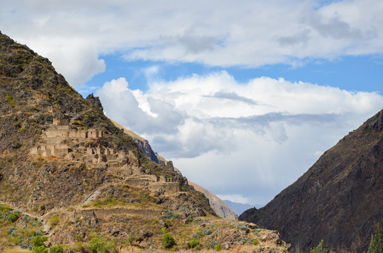 OLLANTAYTAMBO, PERU- JUNE 3, 2013: Inca storehouses on the hill surrounding Ollantaytambo