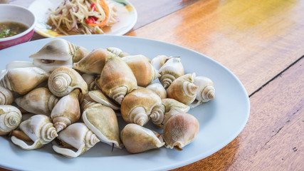 Boiled fresh Laevistrombus canarium or sea snail with raw mango salad and spicy seafood sauce