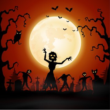 Halloween background with zombie walking in graveyard 