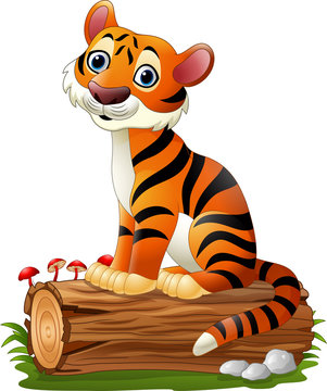 Cartoon tiger sitting on tree log