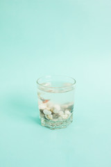 Little colorful guppy fish in the small glass aquarium on blue background.