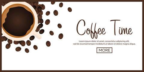 Coffee Banner. Coffee Time. Cup, grain, Vector flat illustration.