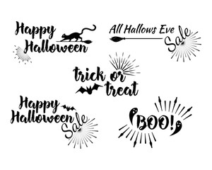 Halloween set of greeting card Calligraphy with sunrays. Sunburst Happy Halloween banner or poster. Vector illustration.