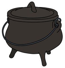 Hand drawing of a historical black cast iron kettle
