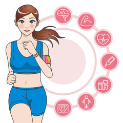Obraz premium running woman and various vital sign icons, vector illustration