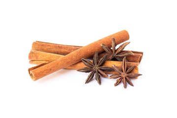 Cinnamon stick and star anise spice isolated on white background