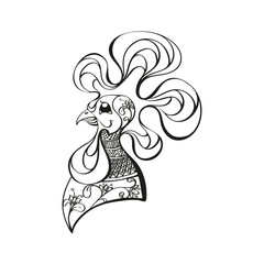 Hand-drawn beautiful profile portrait of a rooster head. Vector illustration, zodiac symbol of 2017 on east calendar. Black line art on the white background.