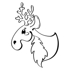 Cute deer head profile. Hand-drawn vector pattern in cartoon style. Black contour on white background.