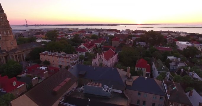 Aerial perspective of the French Huguenot Church in downtown Charleston, SC. The church in the historic French Quarter, and is gothic revival architecture style.