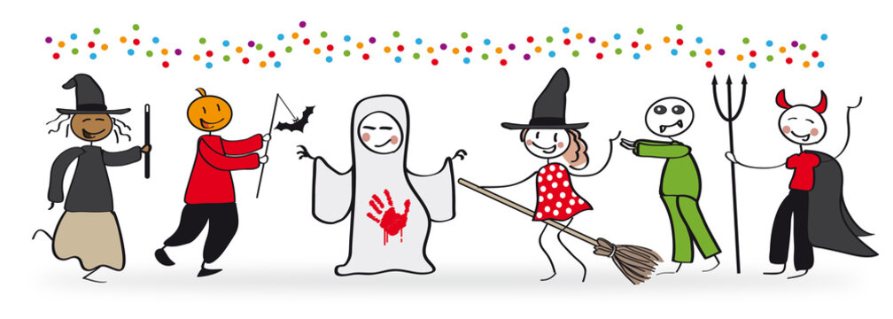 Verkleidete Kinder feiern Halloween, Vektor Illustration