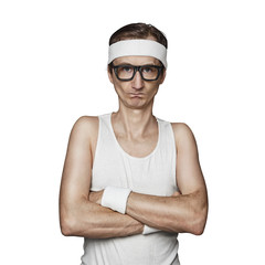 Funny sport nerd pretending tough guy isolated on white