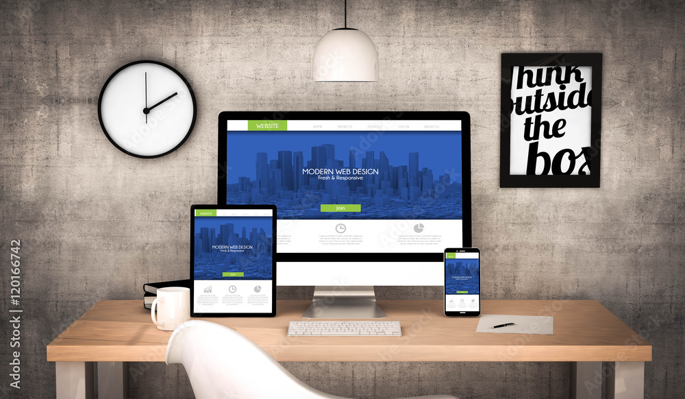 Poster office workplace with fresh and modern web design devices collec