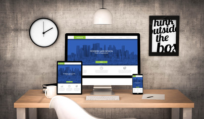 office workplace with fresh and modern web design devices collec