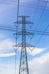 high voltage electric pole with blue sky, vertical picture