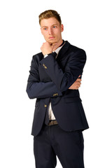 Young business man thinking portrait isolated