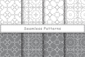 Set of 8 seamless patterns in ethnic style. Monochrome geometric ornament. Decorative and design elements for textile, book covers, manufacturing, wallpapers, print, gift wrap.