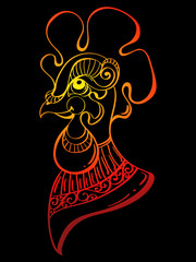 Hand-drawn beautiful profile portrait of a fire rooster head. Vector illustration, zodiac symbol of 2017 on east calendar. Gradient line art on black.