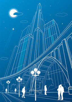 Big bridge, night city on background, vector industrial and infrastructure illustration, vector lines landscape, neon town, people walking, vector design art