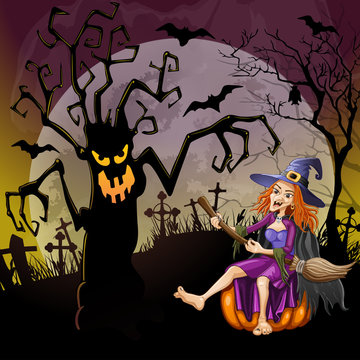 Halloween background with a dreadful monsters trees and happy witch on cemetery