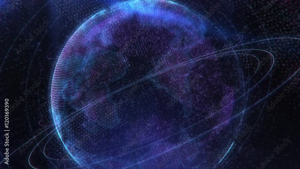 Wall mural zoom in of 3d animation of holographic earth planet with orbits around it rotating and glowing on bl