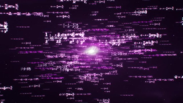 Animation of flying mathematics and physics formulas in abstract digital space with purple light in the center
