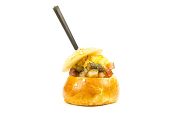 Mini Canape with meat and vegetables in plastic cups