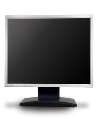 One computer LCD monitor with black screen. Isolated over white background.