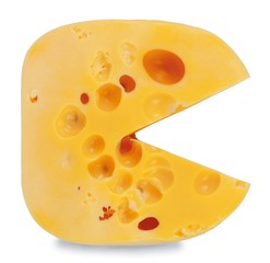 funny smiley cheese. view of the head cheese with a slice cut out in the form of a triangular face. Isolated over white background.