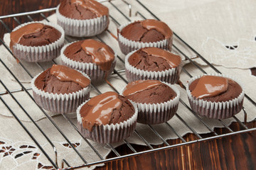 Homemade Cocoa Muffins With Chocolate Cream. Natural Linen Napki