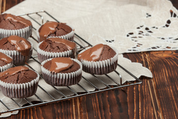 Homemade Cocoa Muffins With Chocolate Cream. Natural Linen Napki