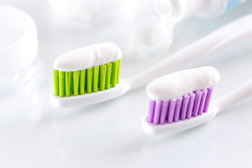 Fototapeta na wymiar sqweezed toothbrushes on white background