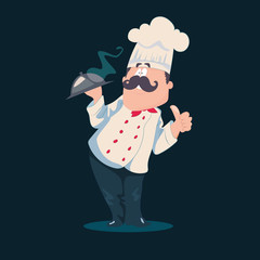 Chef vector cartoon character with a mustache in a white uniform holding a cooked hot dish