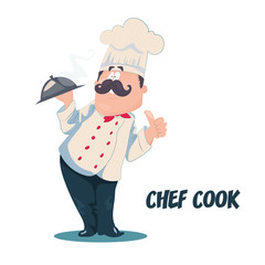 Chef vector cartoon character with a mustache in a white uniform holding a cooked hot dish