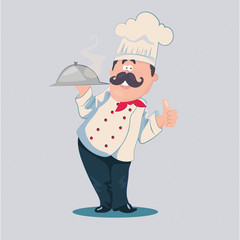 Chef vector cartoon character with a mustache in a white uniform holding a cooked hot dish