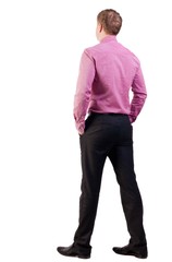 back view of business man  in red shirt looks ahead. Young businessman watching.   Rear view people collection.  backside view of person.  Isolated over white background.