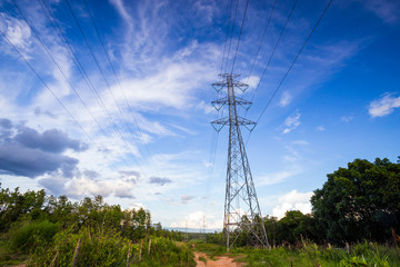 high voltage electric pole with blue sky, horrizontal picture