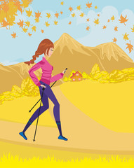 Nordic walking - active woman exercising outdoor