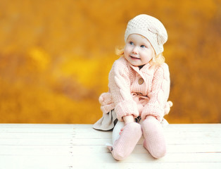 Portrait cute little child sitting outdoors in warm sunny autumn