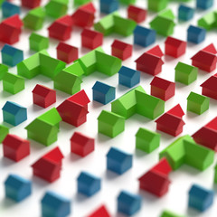 Einfamilienhäuser, Immobilien, Eigenheim, Haukauf – Spielzeug-Häuschen auf einem Tisch