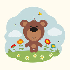 Obraz na płótnie Canvas Cartoon bear. Finny little bear on flower field