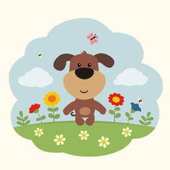 Cartoon puppy. Finny little puppy on flower field