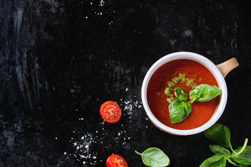 Tomato gazpacho soup with pesto
