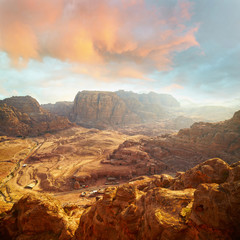Red rock formations in Petra, Jordan.