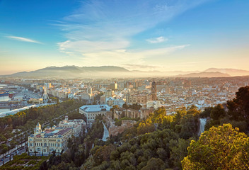 Aerial view of Malaga in sunset lights. Spain